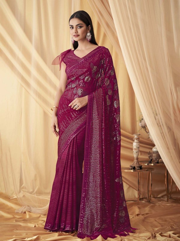 Rani Pink Georgette Gold Satin Weave Saree